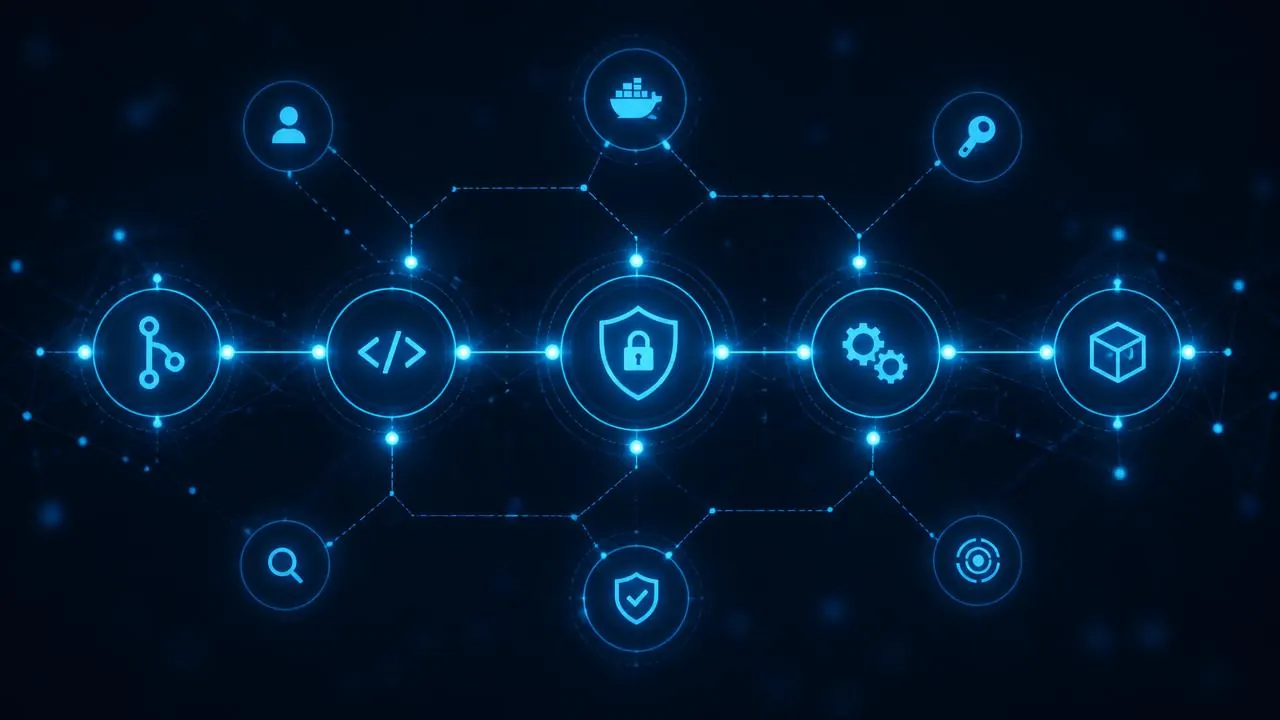 Illustration of a secured CI/CD pipeline with connected code, container and key checkpoints