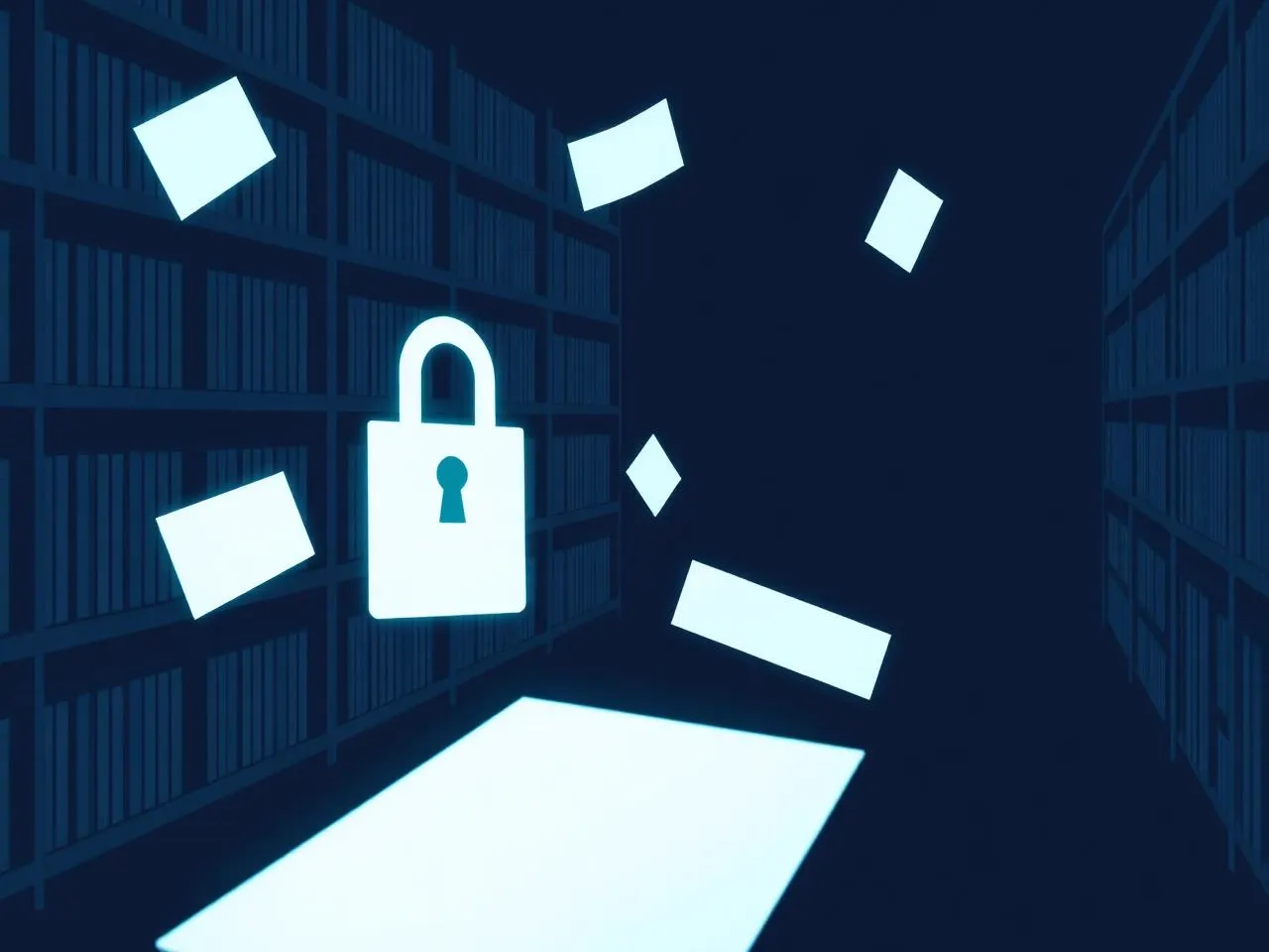 Illustration of a security research library with glowing guides and a padlock